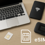 Image details a laptop, mobile phone, SIM card and mobile router