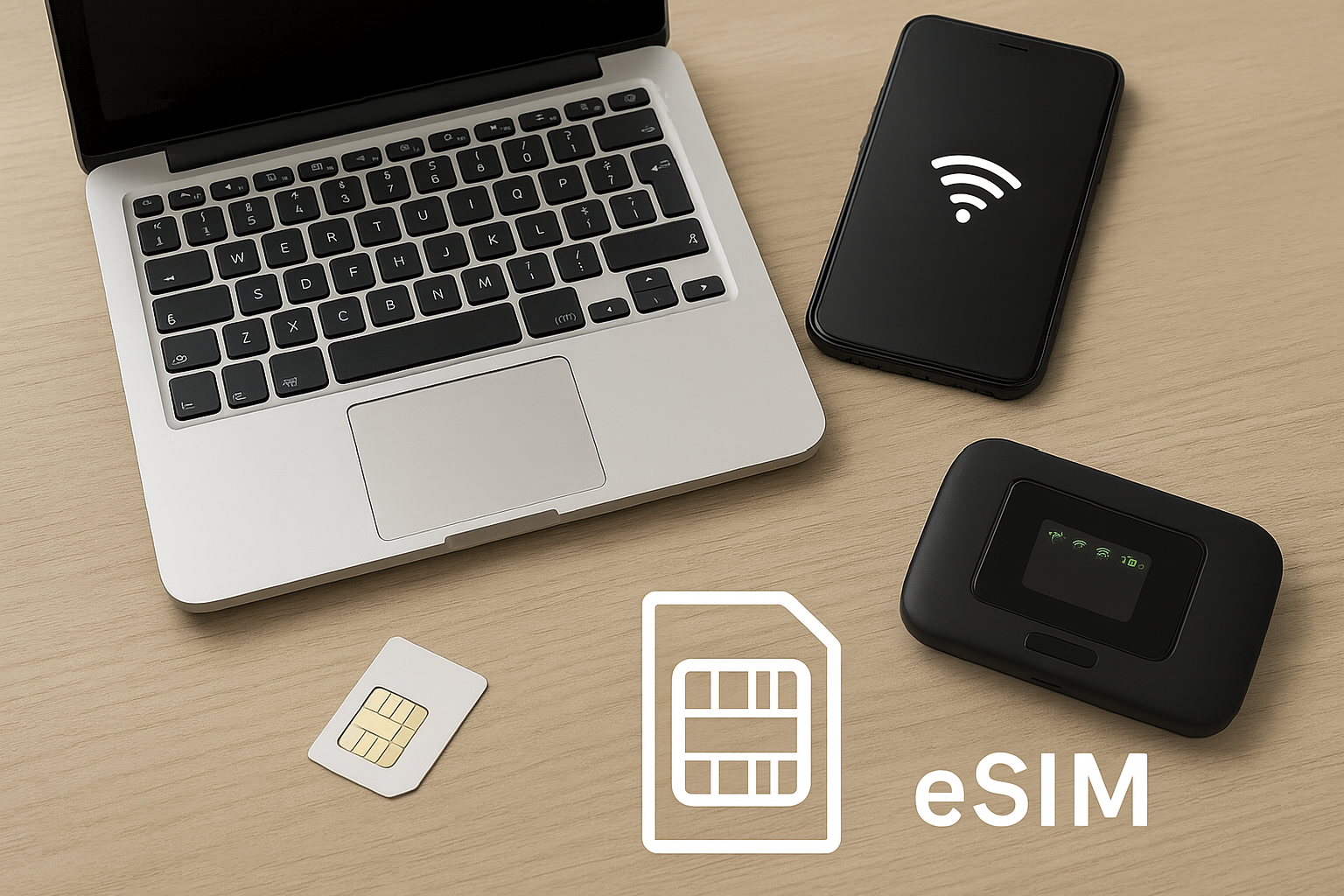 Image details a laptop, mobile phone, SIM card and mobile router