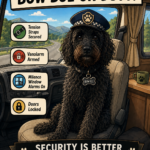 Illustrated image of Bow Boe inside the motorhome with a security checklist, showing the safety steps used for peace of mind while travelling on the road.