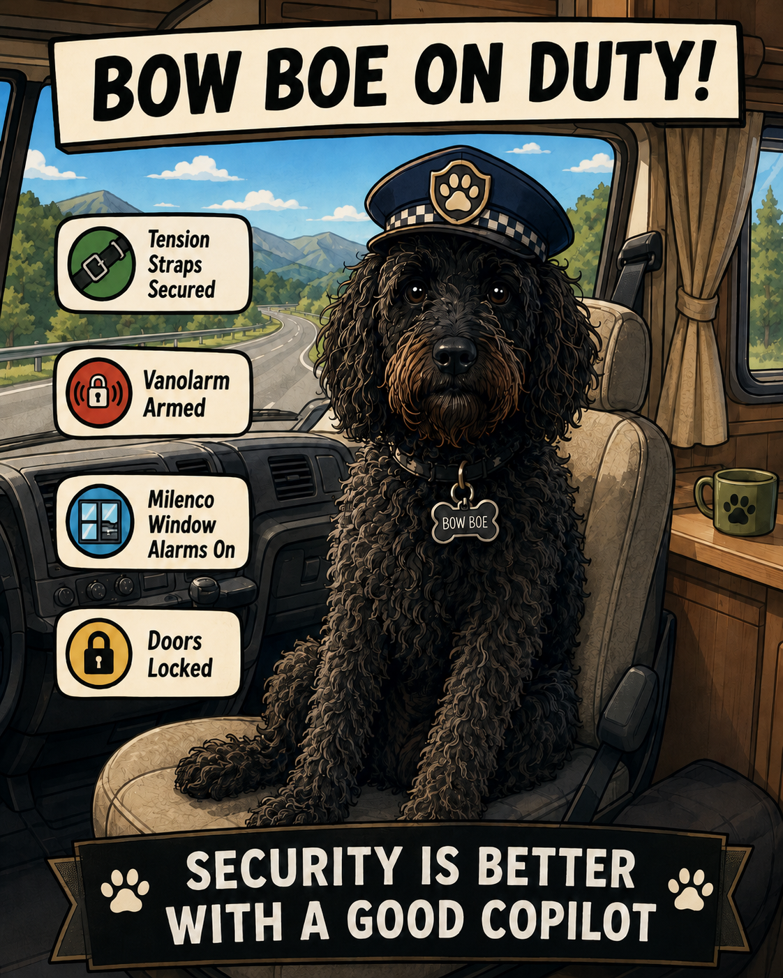 Illustrated image of Bow Boe inside the motorhome with a security checklist, showing the safety steps used for peace of mind while travelling on the road.